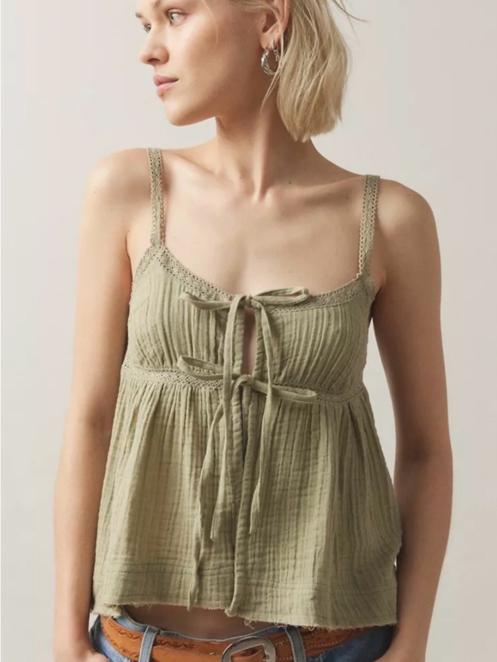 Urban Outfitters MILA Gauze Fly-Away Lace-Trim Tie-Front Cami - Sage Green